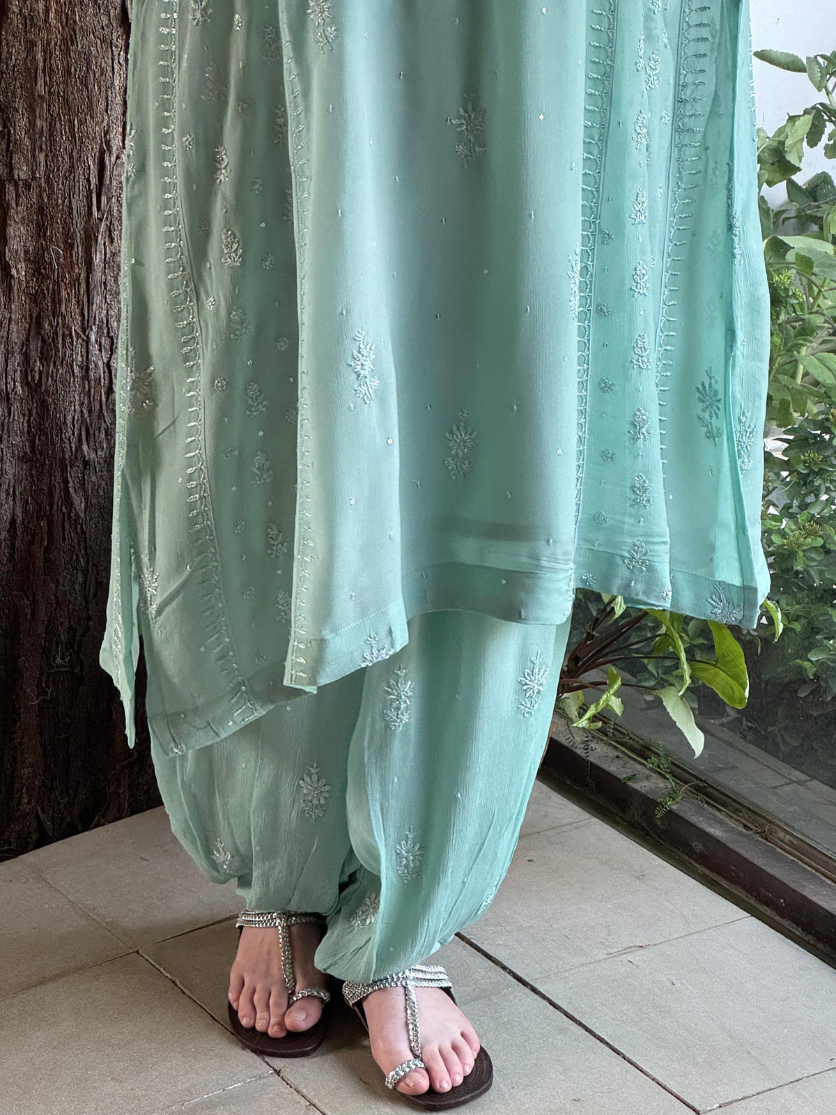 Pastel Sea Green Chiffon Kurta with Afghani Salwar – Fine Chikankari Work