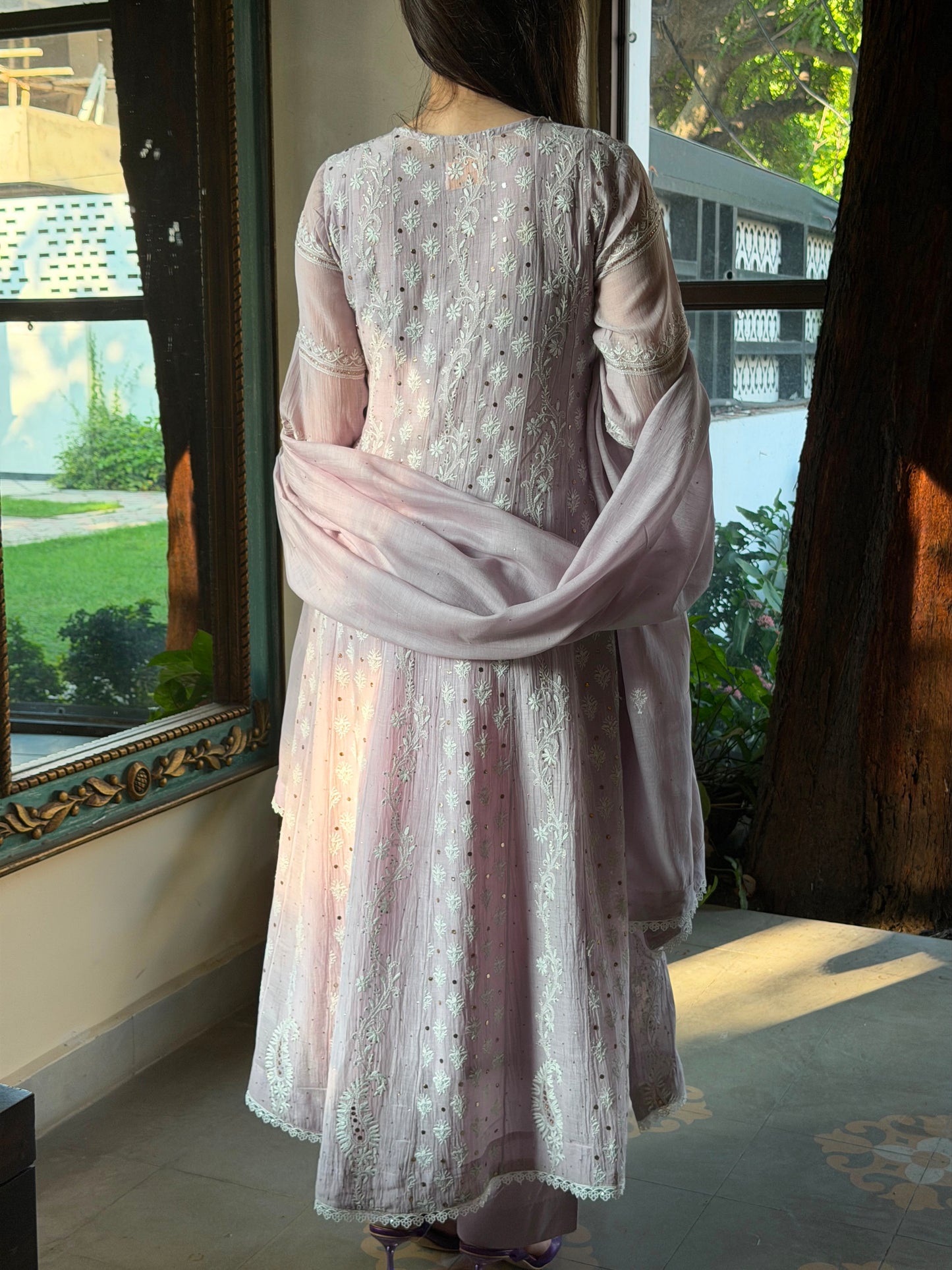 Lavender Mal Chanderi Mukaish Kamdani Chikankari Anarkali