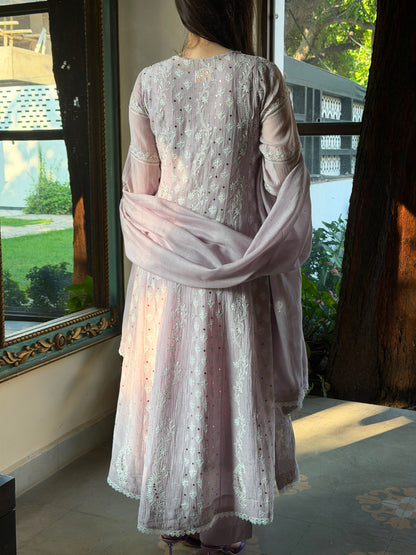 Lavender Mal Chanderi Mukaish Kamdani Chikankari Anarkali