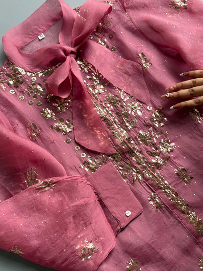 Onion Pink Noor Organza Mukaish Badla Short Top With Bow Tie