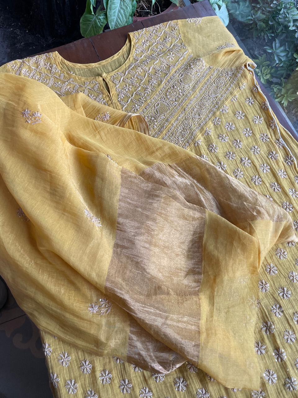 Yellow | Tissue Silk Chikankari Work Kurta Set