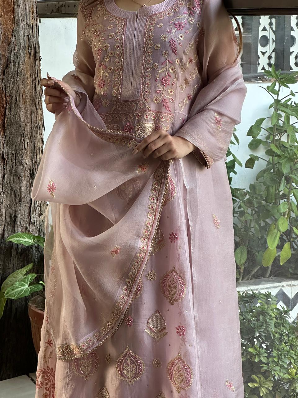 Mauve Pink Shade Noor Organza Chikankari A Line Kurta With Dupatta