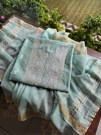 Mint Green Shade Banarasi Zari Chanderi Unstitched Chikankari Fabric