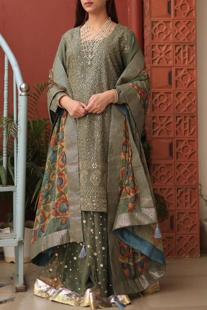 Mehndi Green Chikankari Pure Georgette Kurta Gharara Set with Kalamkari Dupatta
