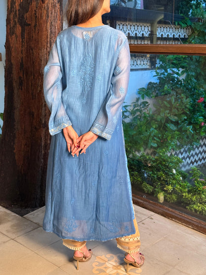 Blue Shade Zari Chanderi Chikankari Ready to Wear Tunics
