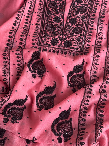 Candy Pink & Black Mal Chanderi Silk Chikankari A Line Unstitched Fabric