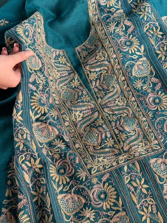 Peacock Blue Shade Moonga Silk Chikankari Unstitched Fabric