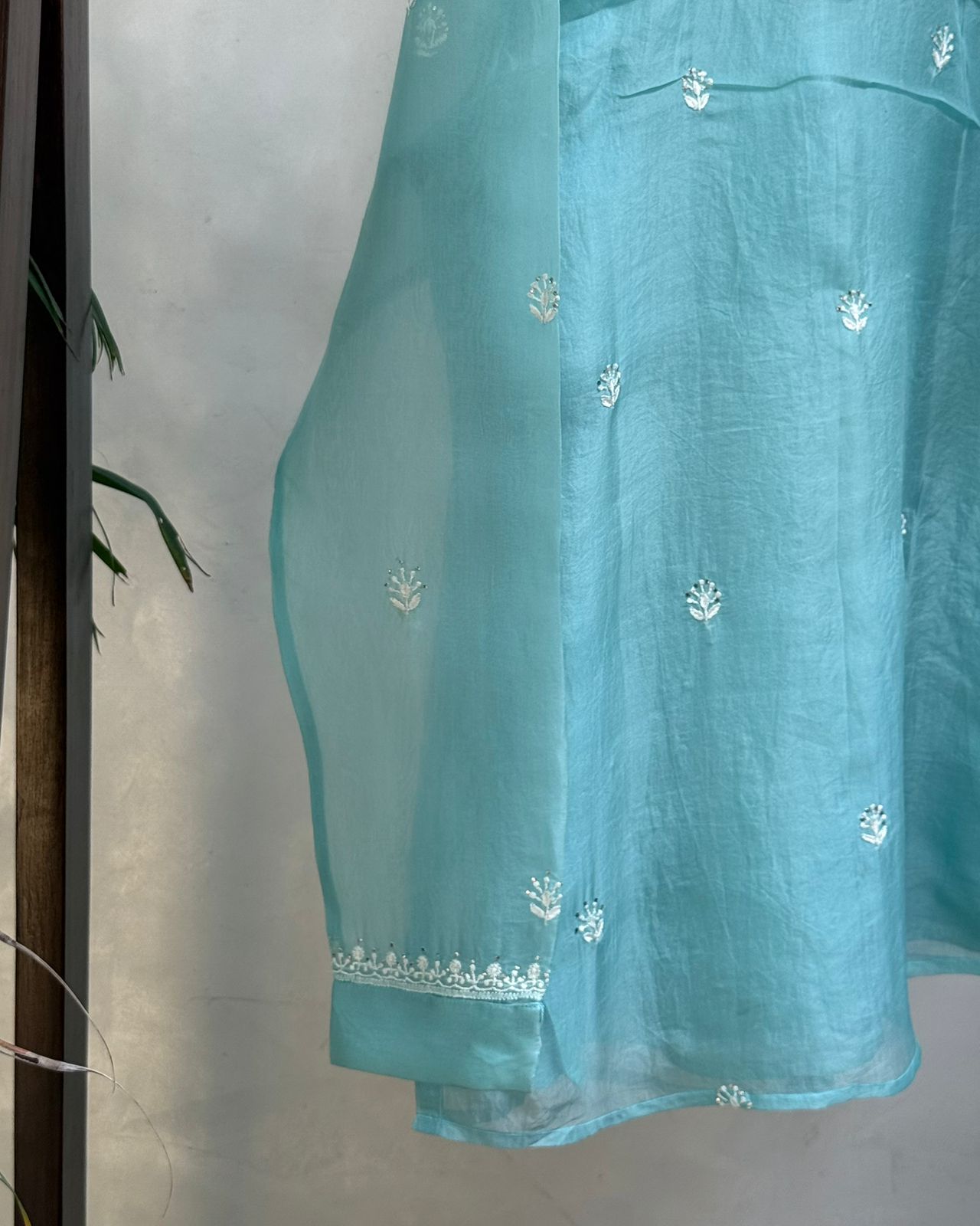 Powder Blue Noor Organza Bird Pattern Resham Chikankari Short Top