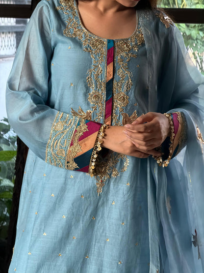 Pastel Blue Chanderi Silk Bird Motif Khadi Salwar Set