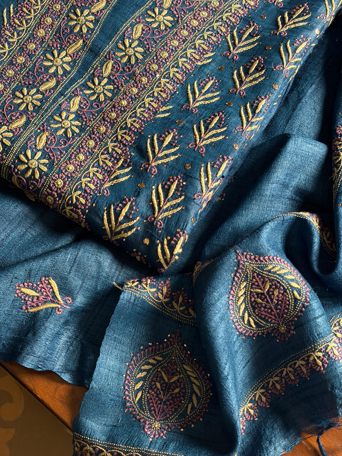 Blue Multi Roheen Tussar Silk Chikankari Fabric