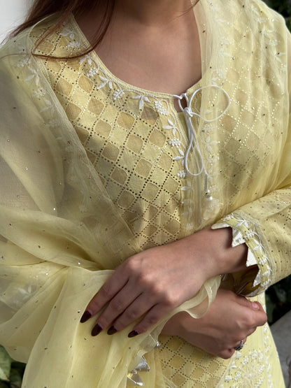 Lemon Custard Daraz Applique Chikankari Mukaish Kurta Dupatta Set