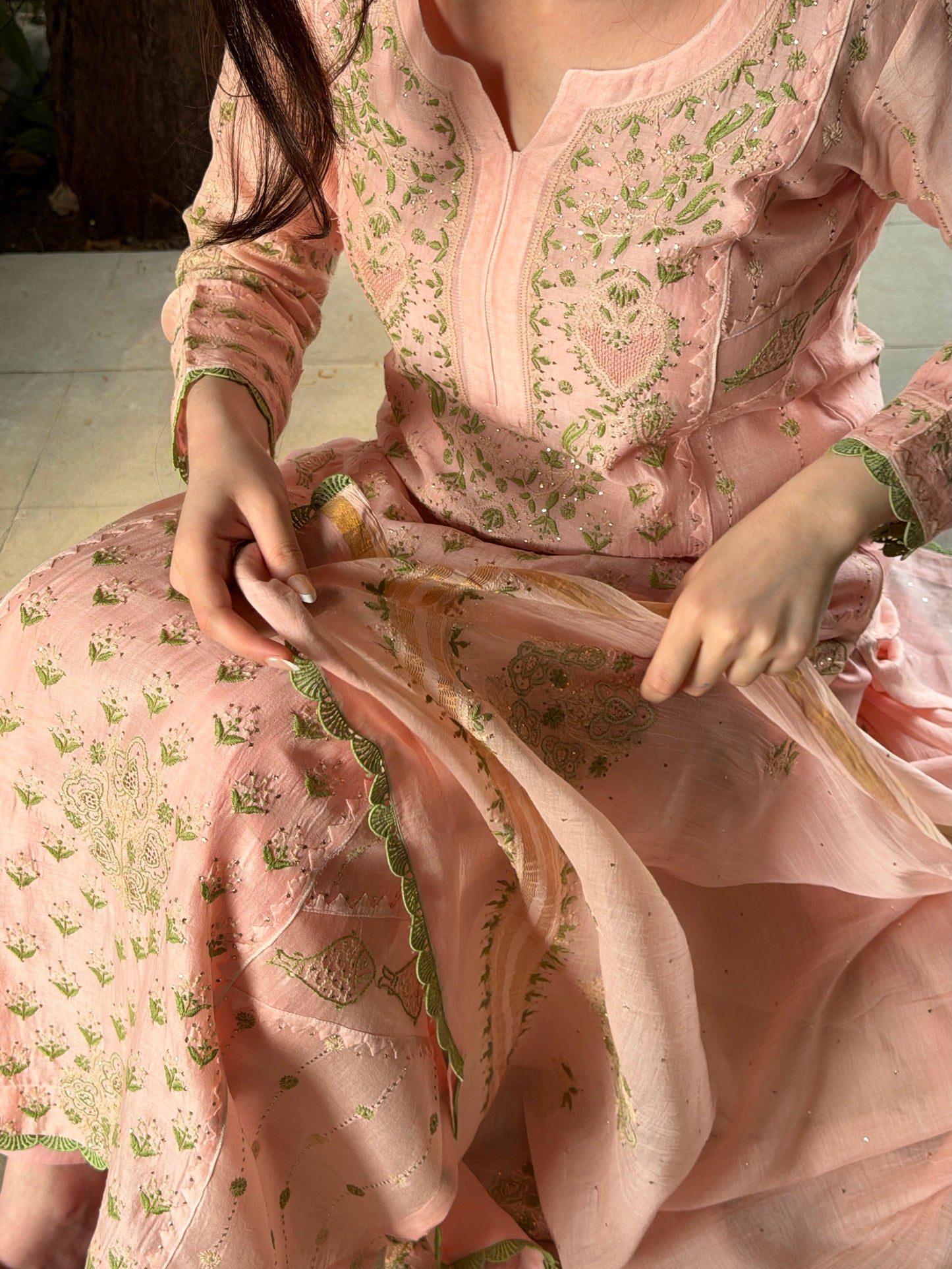 Applique Mahi Motif Soft Pink Mal Chanderi Chikankari Kurta Set