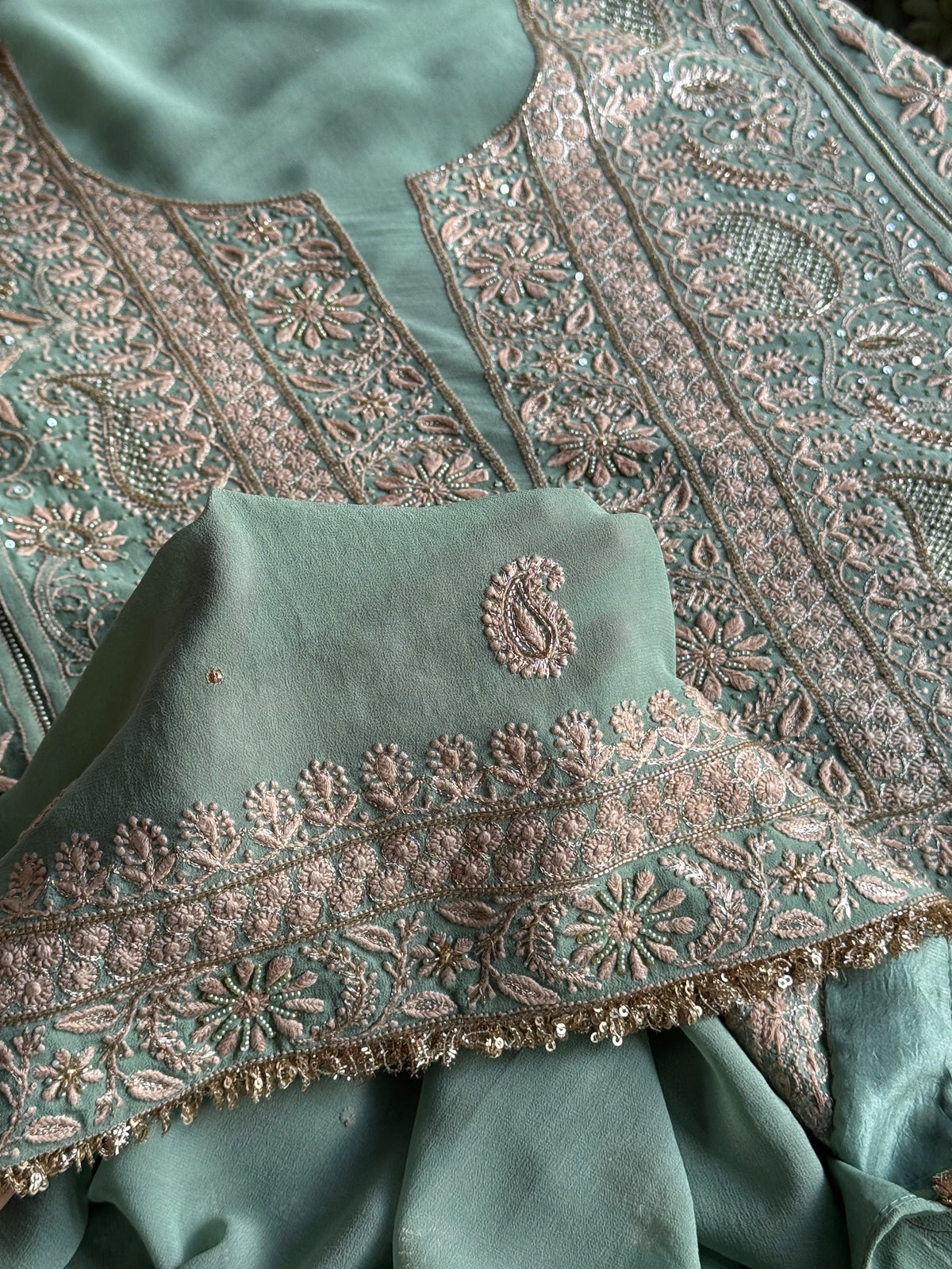 Green Superfine Pure Georgette Chikankari Kurta Set