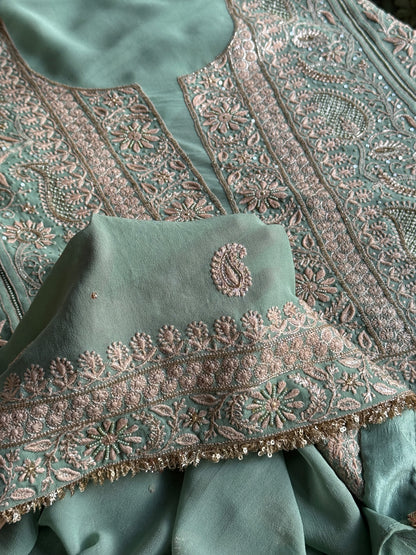 Green Superfine Pure Georgette Chikankari Kurta Set