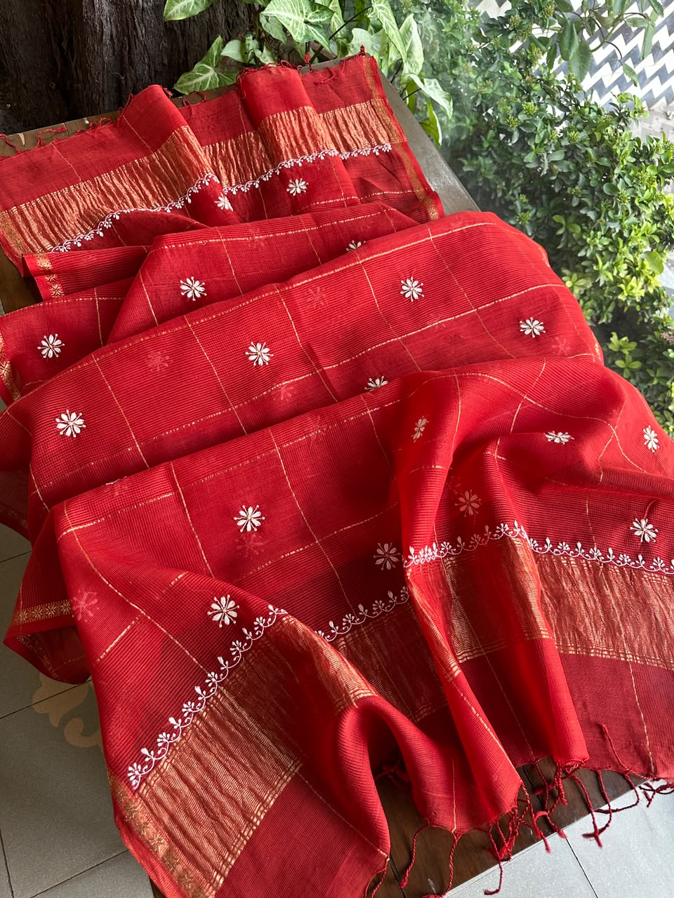 Red Shade Tissue Zari Kota Chikankari Unstitched Fabric