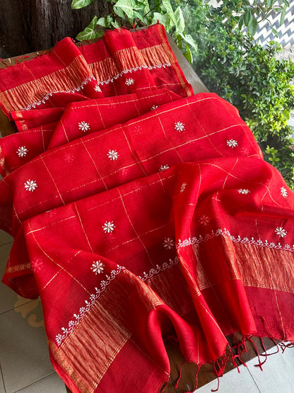 Red Shade Tissue Zari Kota Chikankari Unstitched Fabric