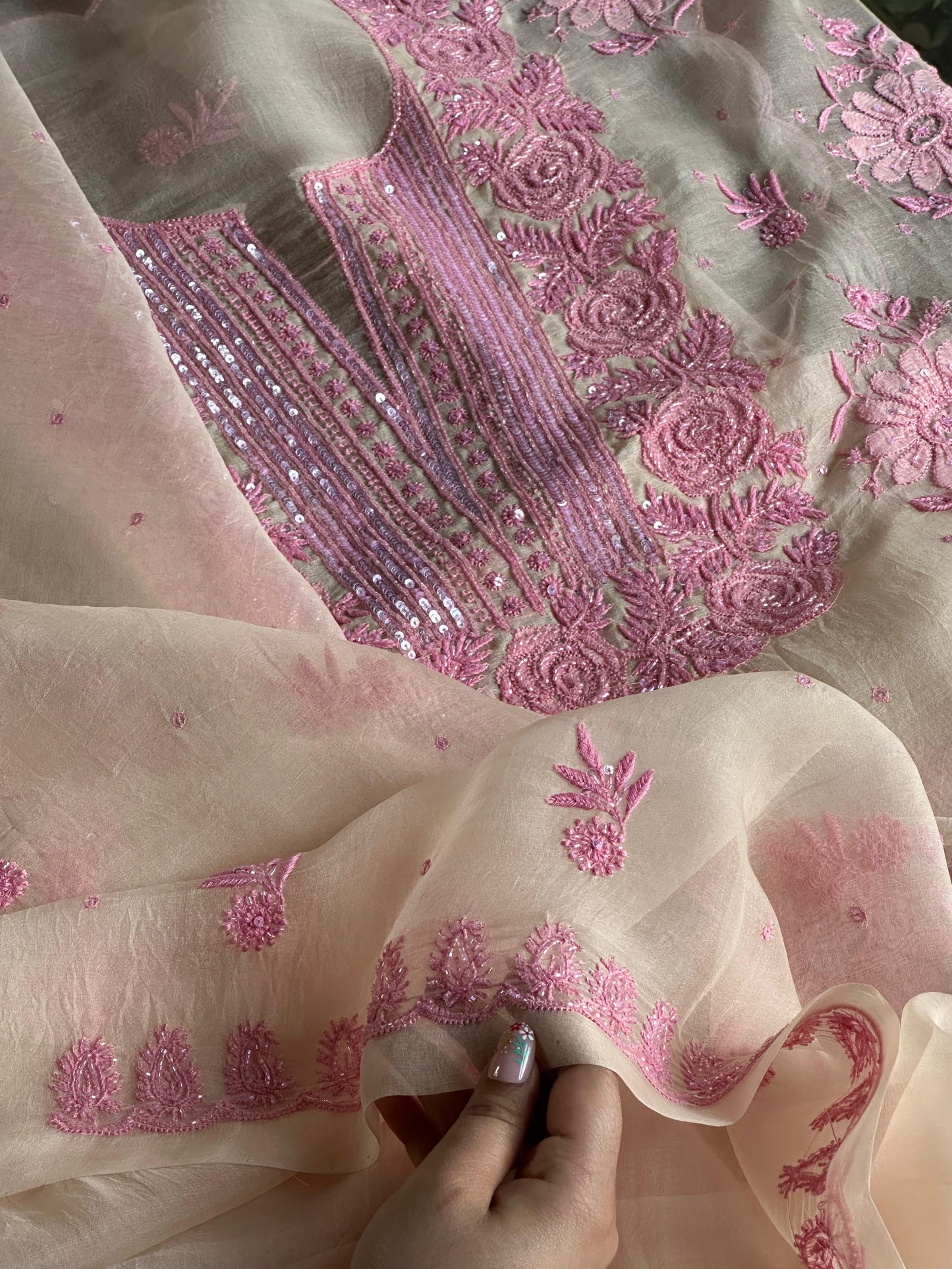 Ivory Shade Noor Organza Silk Chikankari Unstitched Kurta Dupatta Set