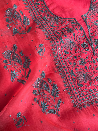Watermelon Red Shade Noor Organza Silk Chikankari Unstitched Kurta Dupatta Set