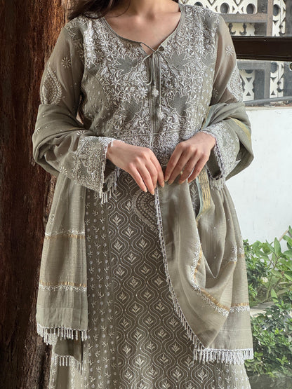 Slate Grey Shade Malmal Pearl Work Chikankari Anarkali