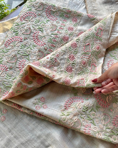 Natural Beige Tussar Silk Chikankari Fabric