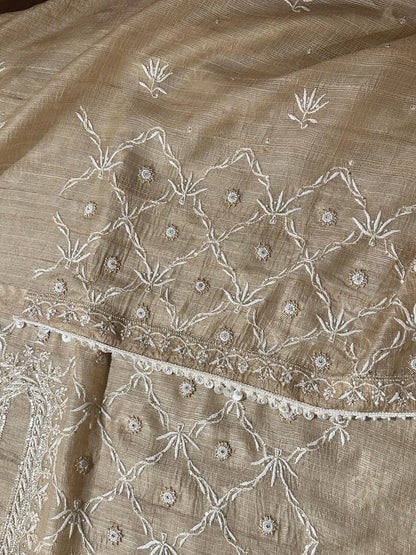 Beige Rasm Tussar Kota Chikankari Unstitched Chikankari Fabrics