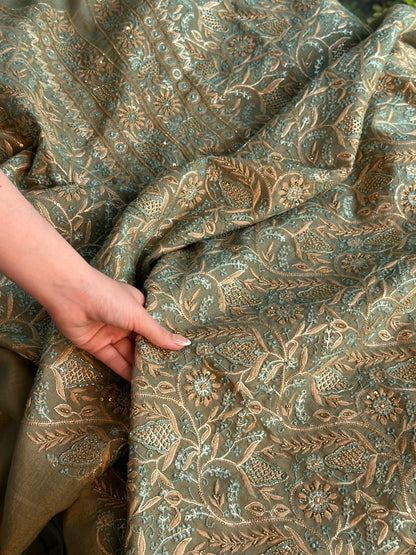 Cement Green Multi Shade Tissue Silk Chikankari Unstitched Fabric