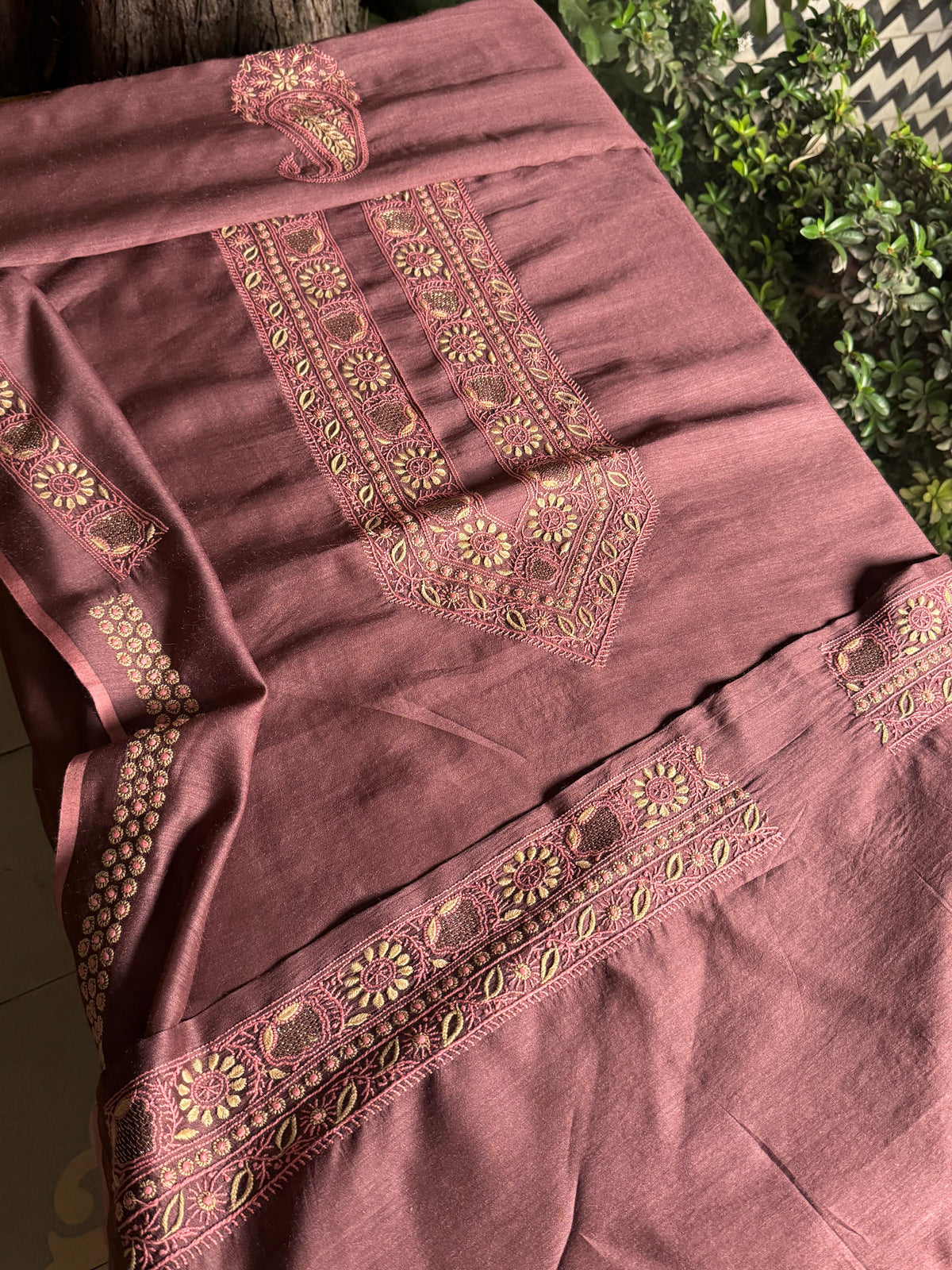 Wine Shade Moonga Silk Chikankari Men’s Kurta Fabric