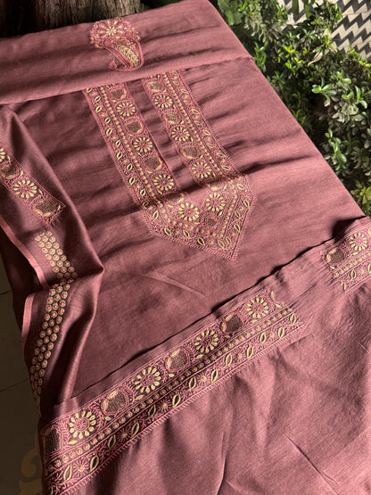 Wine Shade Moonga Silk Chikankari Men’s Kurta Fabric
