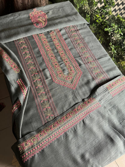Blue Shade Moonga Silk Chikankari Men’s Kurta Fabric