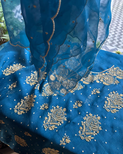 Prussian Blue Noor Organza Silk Chikankari Unstitched Kurta Dupatta Set