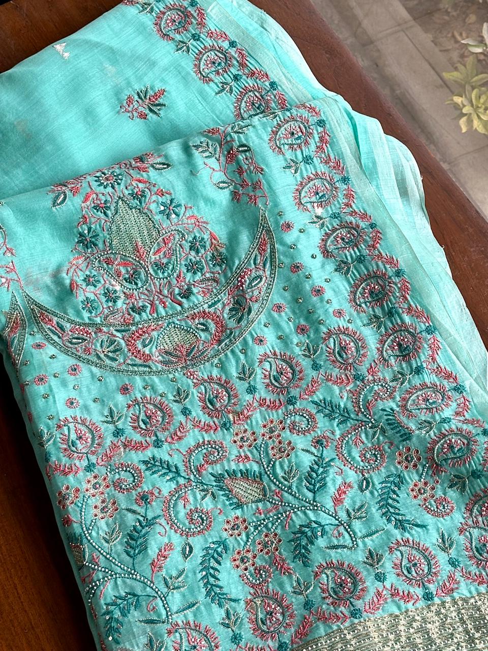 Aqua Green Shade Chanderi Chikankari Saree