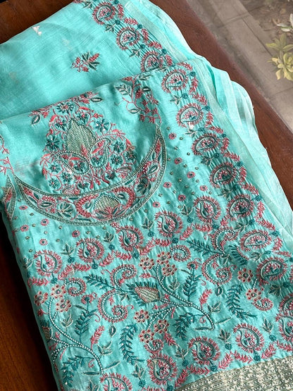 Aqua Green Shade Chanderi Chikankari Saree