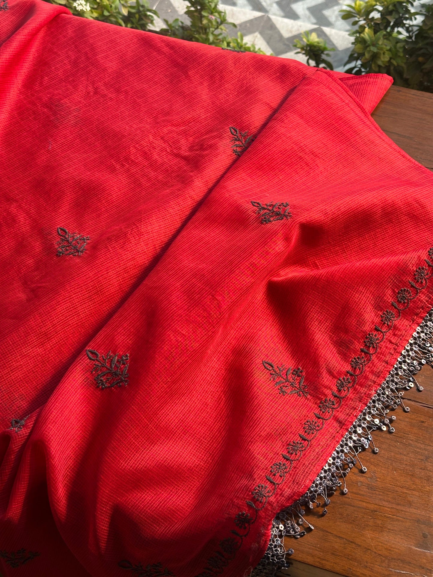 Red & Grey Kota Chikankari Unstitched Fabric