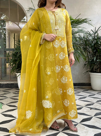 Yellow Noor Organza Chikankari Anarkali Kurta With Dupatta