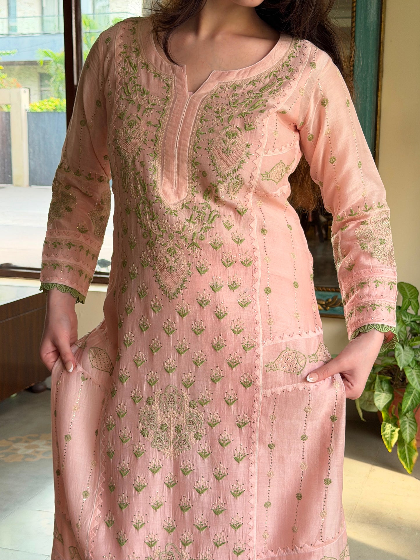 Applique Mahi Motif Soft Pink Mal Chanderi Chikankari Kurta Set