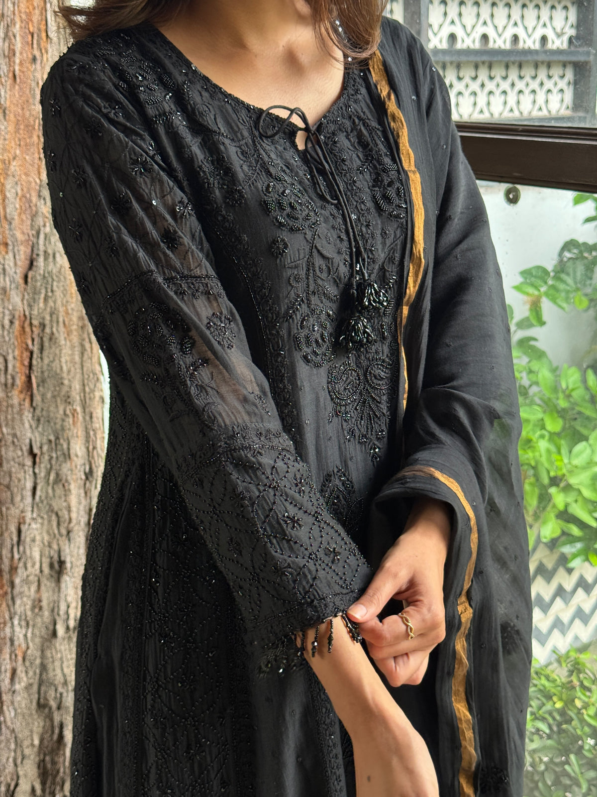 Black Malmal Pearl Work Chikankari A Line Kalidar Kurta With Dupatta