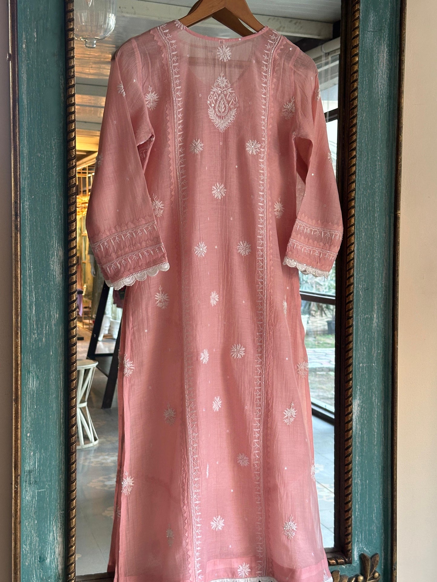 Pastel Peach Shade Malmal Pearl Work Chikankari Kurta With Dupatta