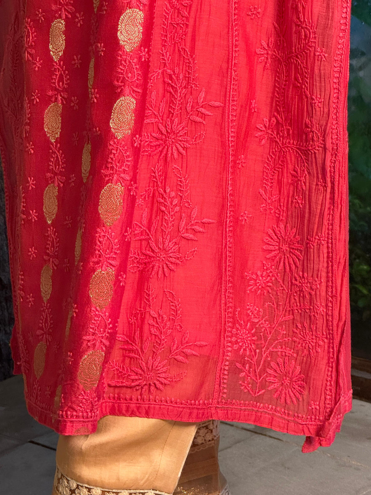 Pink Zari Chanderi Chikankari A Line Kurta with Slip
