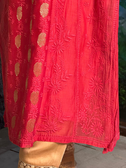 Pink Zari Chanderi Chikankari A Line Kurta with Slip