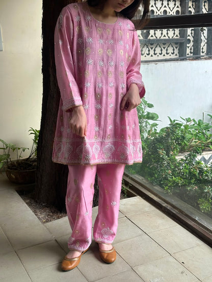 Soft Pink Zari Chanderi Chikankari Co-Ord Set