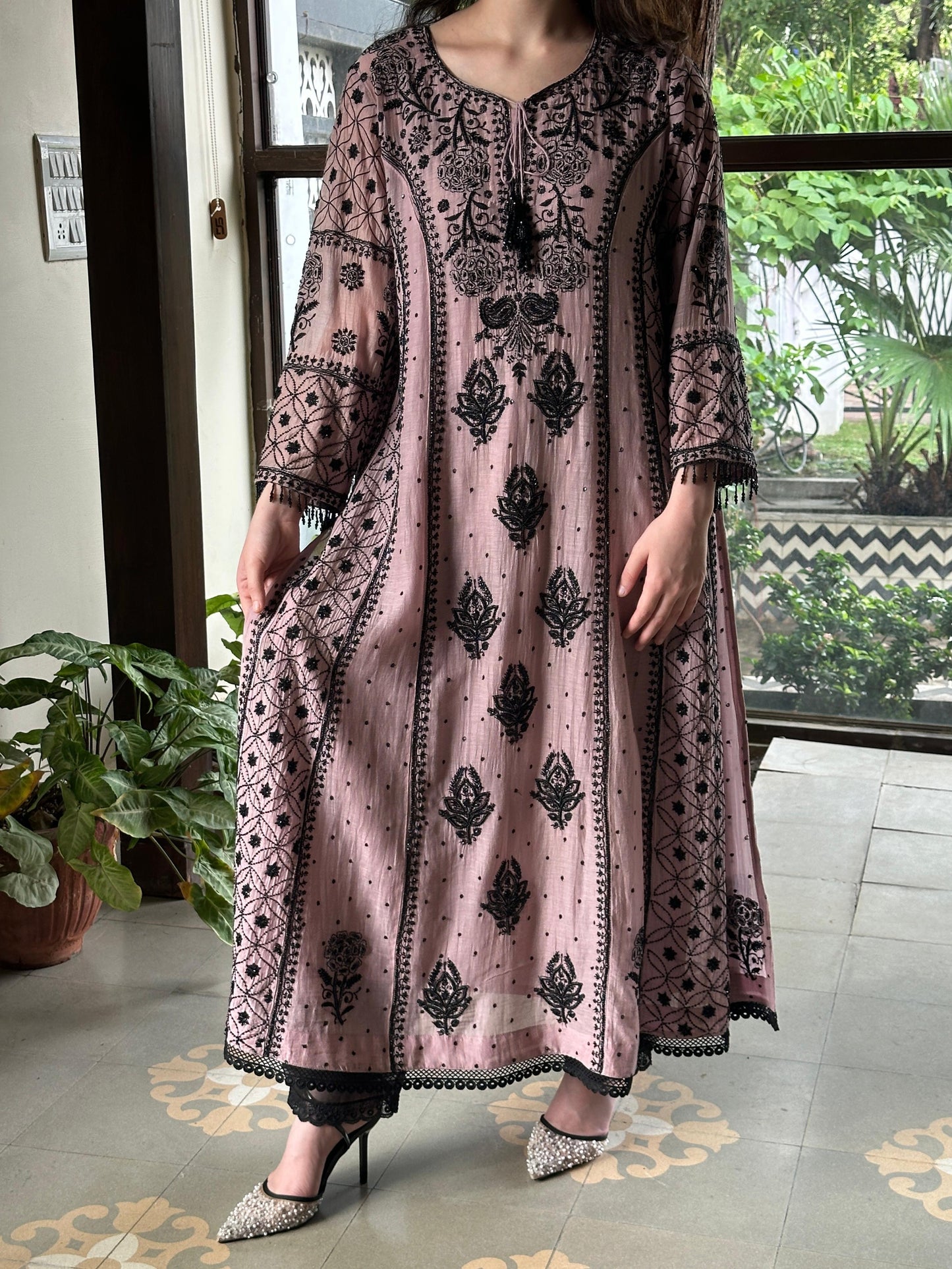 Plum Black Shade Malmal Pearl Work Chikankari Anarkali