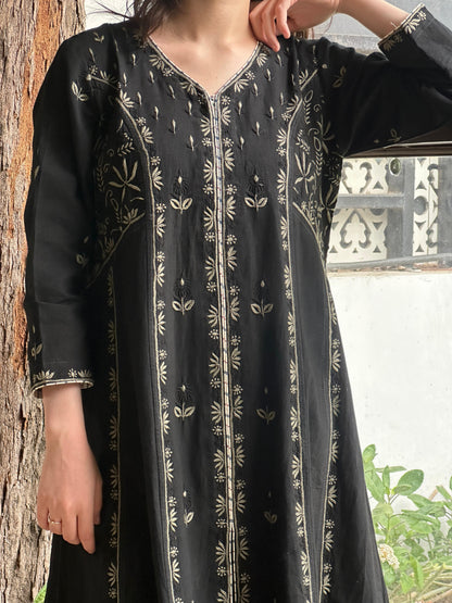 Black Handspun Malkha Chikankari Panel Tunic