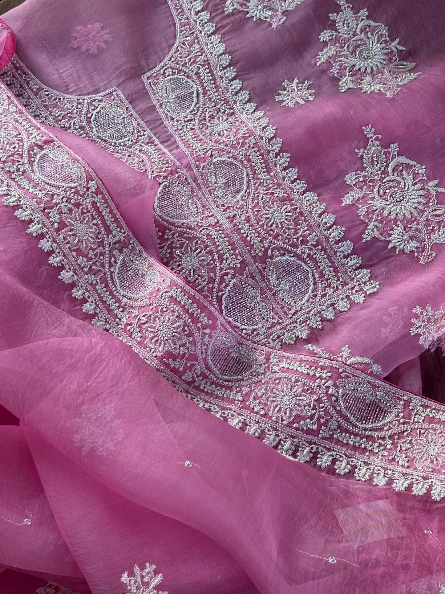 Pink Shade Noor Organza Silk Chikankari Unstitched Kurta Dupatta Set