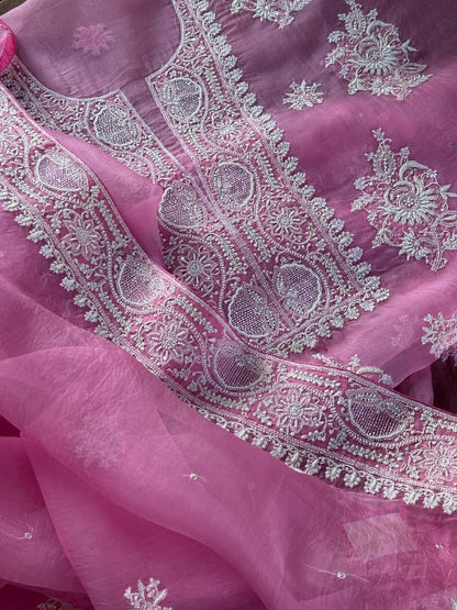 Pink Shade Noor Organza Silk Chikankari Unstitched Kurta Dupatta Set