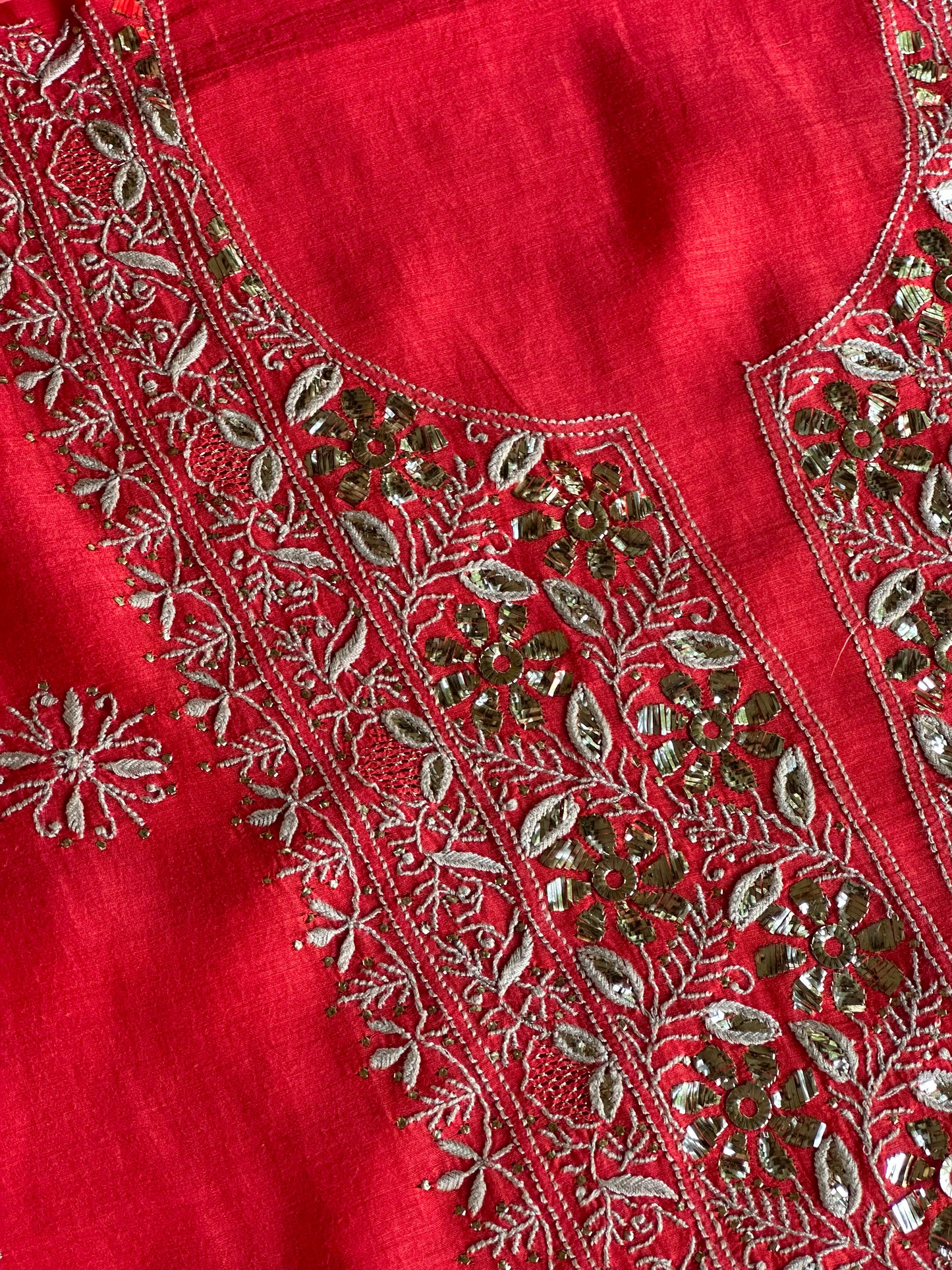 Red Shade Mal Cotton Chikankari Unstitched Kurta Dupatta Fabric With Mukaish Badla