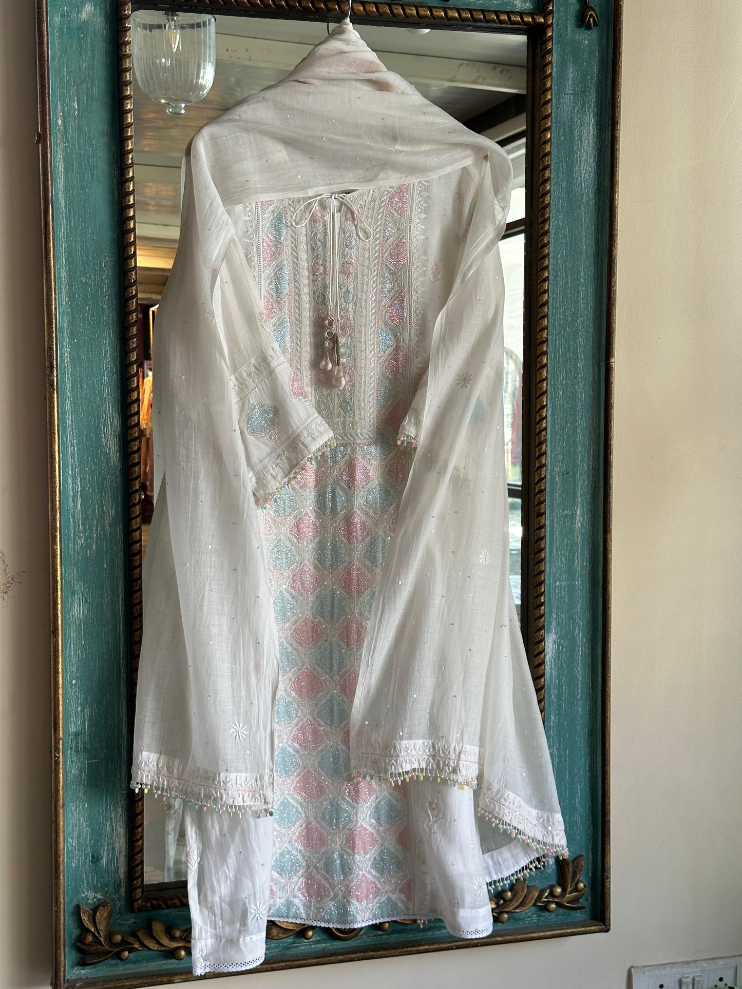 White Multi Shade Mulmul Pearl White Chikankari Ready to Wear Kurta Set