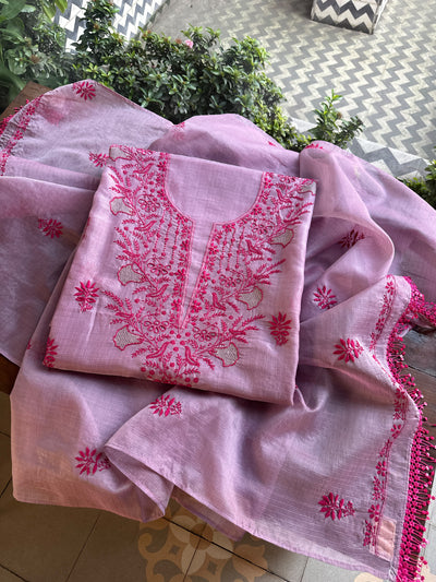 Mauve Pink Shade Kota Chikankari Unstitched Suit Fabric