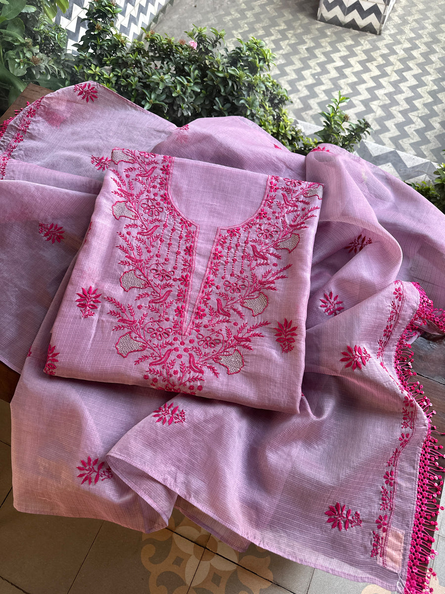 Mauve Pink Shade Kota Chikankari Unstitched Suit Fabric