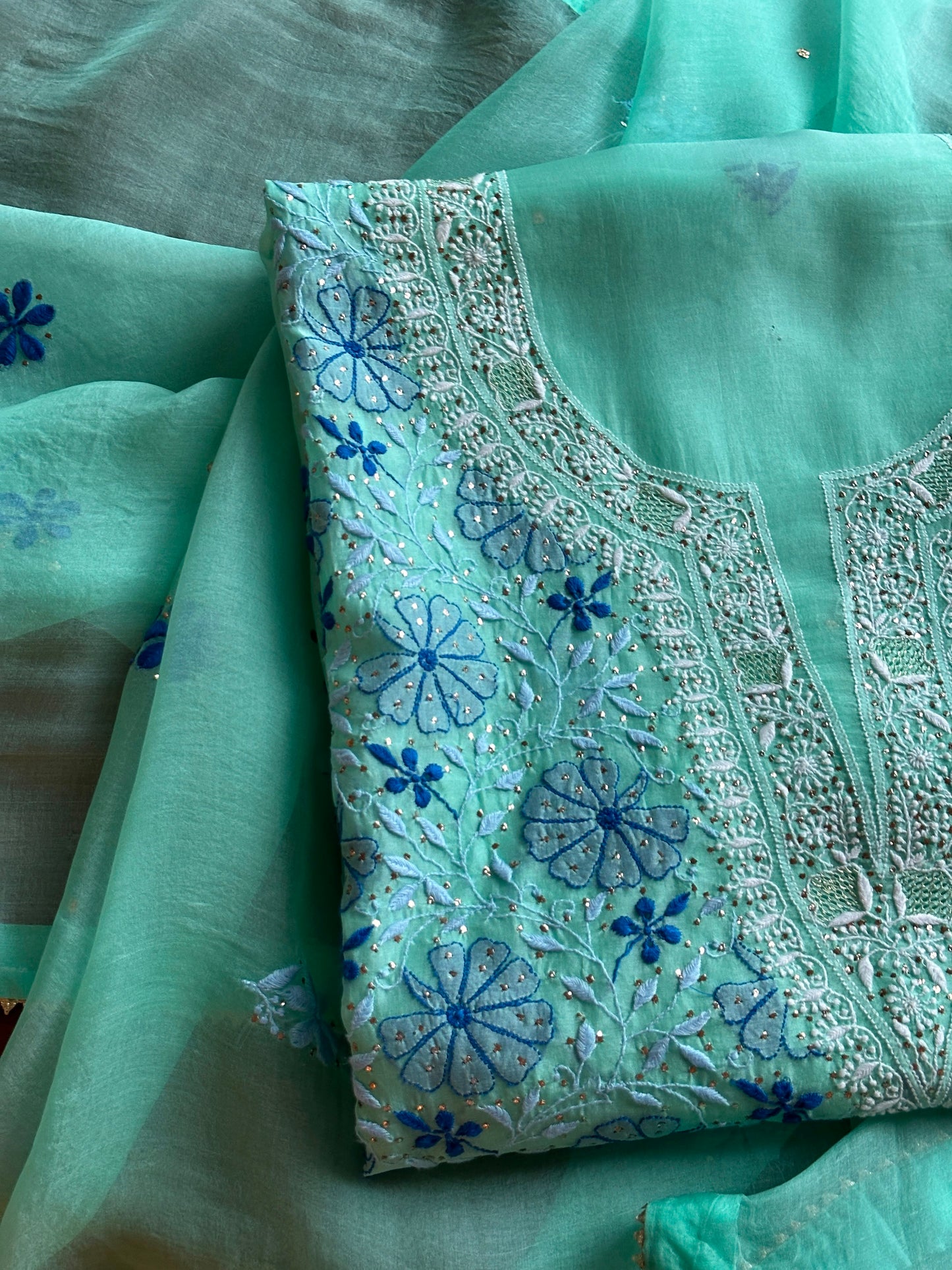 Blue Noor Organza Silk Chikankari With Kamdani Fabric