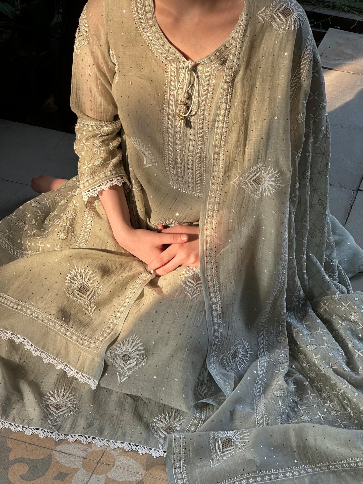 Grey Green Mulmul Pearl White Chikankari Kurta With Heavy Dupatta
